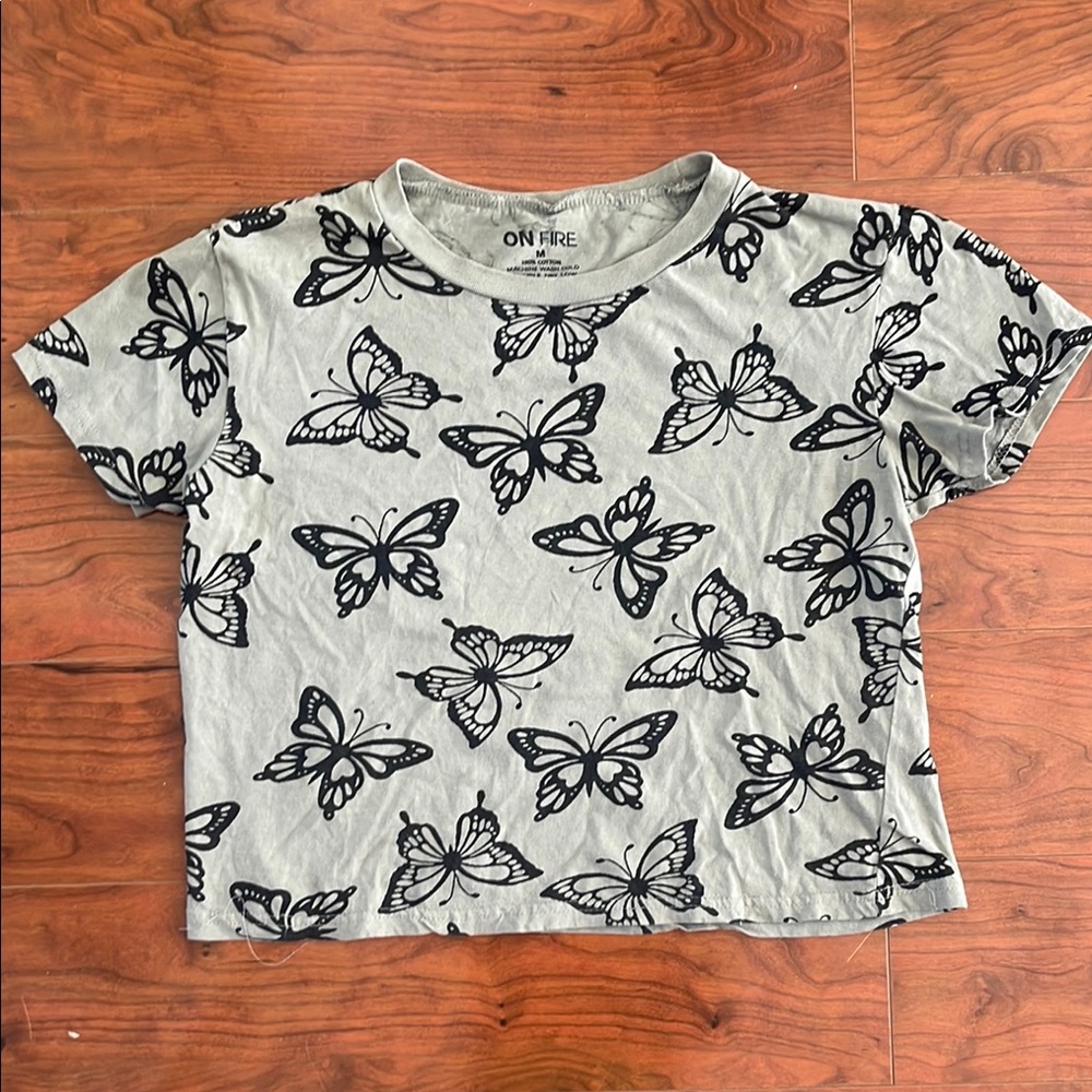On Fire Sage Green Short Sleeve Cropped T-Shirt with Black Butterfly Design